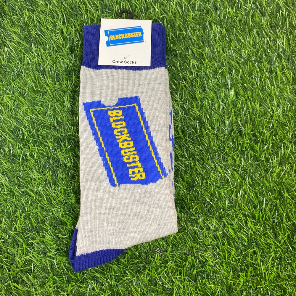 Blockbuster Videos Mens Novelty Dress Crew Socks Grey Blue NWT